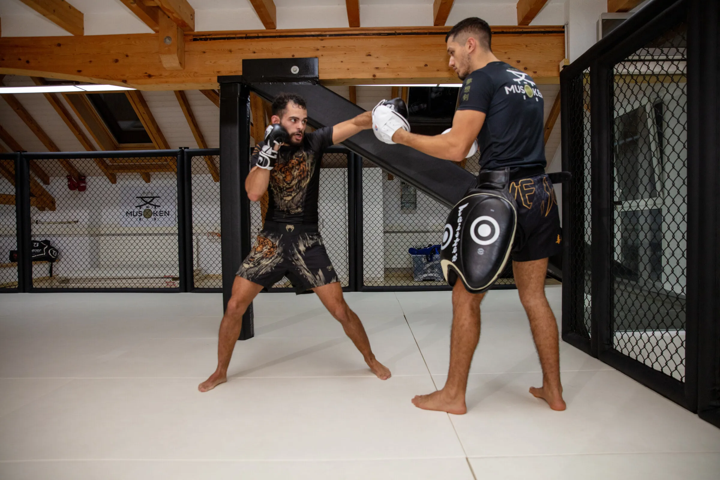 Travail de frappe aux paos dans la cage — boxe pieds-poings en MMA